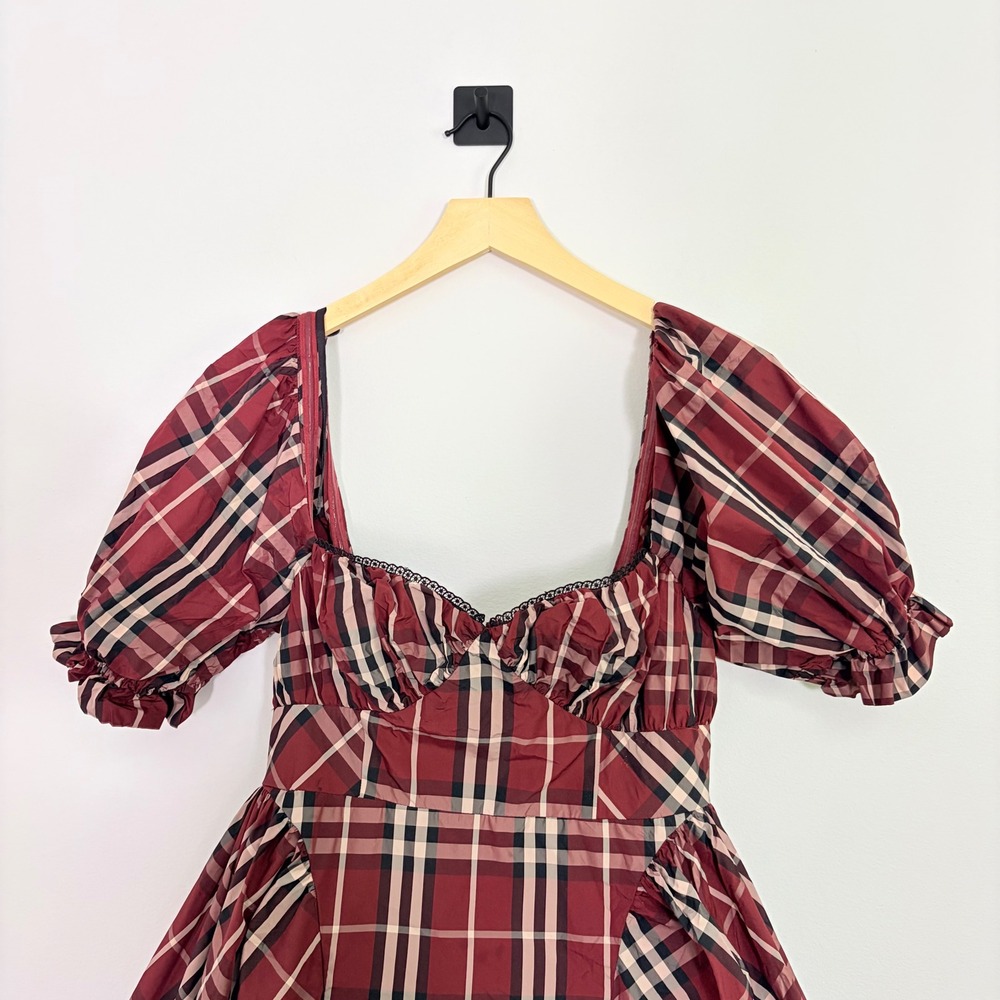 Anthropologie Maeve Red Tartan Plaid Puff Sleeve Mini Dress S OB2080843 - Picture 4 of 10